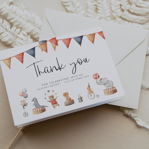 Circus Thank You Card Template, Carnival Themed Birthday Party Thank You Card, Circus Shower Card, Printable Thank You Card, Vintage, BD176
