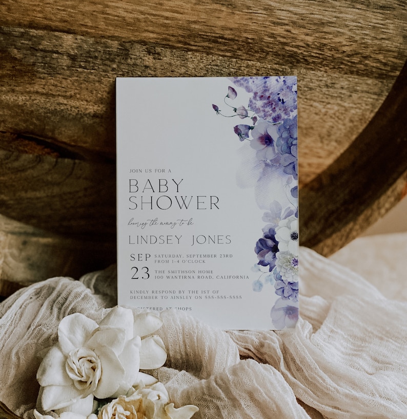 Purple Floral Baby Shower Invitation Watercolor Lilac Baby Etsy