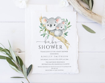 May include: A baby shower invitation with a watercolor illustration of two koalas on a branch. The text reads "baby shower" and includes the details of the event: honoring Ainsley Smithson, Saturday, August 15th, 2019 at 2pm, The Smithson Residence, 100 Wantirna Rd, Knoxfield CA 105753, kindly respond by the 1st of August to Ainsley on 555-555-555, registered at Baby Bunting.