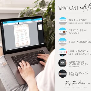 May include: A laptop screen shows a customizable printable design for a baby shower. The design features a floral background with a bunny and the text "Daphne's First Birthday". The screen also shows a list of editable features, including text, font, size, color, alignment, line height, letter spacing, background color, and the ability to add images.