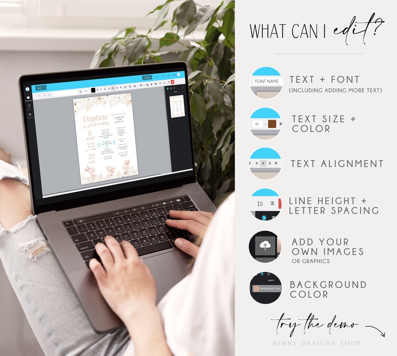 May include: A laptop screen shows a customizable printable design for a baby shower. The design features a floral background with a bunny and the text "Daphne's First Birthday". The screen also shows a list of editable features, including text, font, size, color, alignment, line height, letter spacing, background color, and the ability to add images.