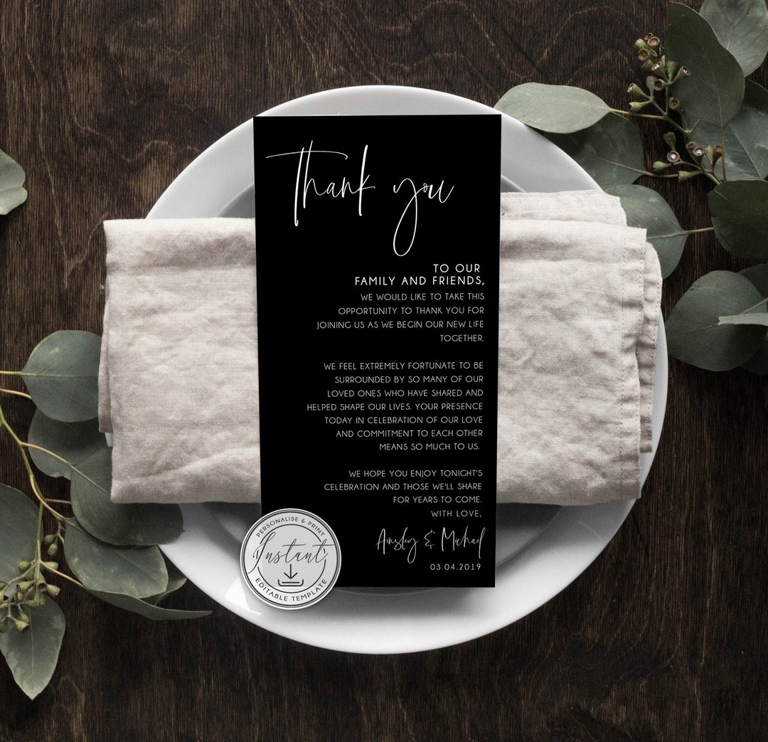 Black Modern Wedding Thank You Note Template, Minimalist, Wedding Place ...