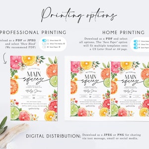 K&ouml;nnte beinhalten: Druckbare Einladung zu einer "Main Squeeze"-Party mit einem Zitruss-Thema. Die Einladung zeigt eine Aquarell-Illustration von Zitronen-, Limetten-, Orangen- und Grapefruitscheiben mit Blumen. Der Text "Main Squeeze" ist in einer fetten, schwarzen Schreibschrift geschrieben.