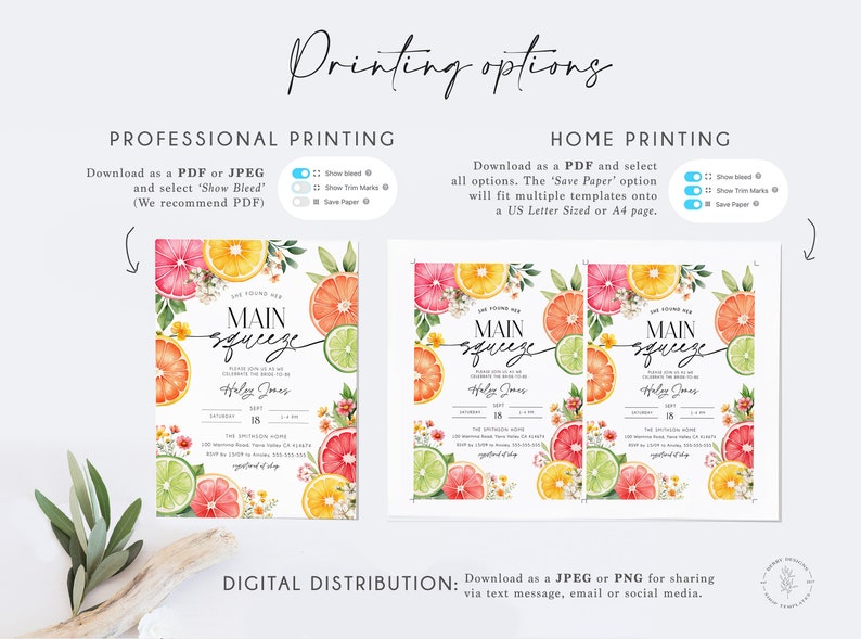 K&ouml;nnte beinhalten: Druckbare Einladung zu einer "Main Squeeze"-Party mit einem Zitruss-Thema. Die Einladung zeigt eine Aquarell-Illustration von Zitronen-, Limetten-, Orangen- und Grapefruitscheiben mit Blumen. Der Text "Main Squeeze" ist in einer fetten, schwarzen Schreibschrift geschrieben.