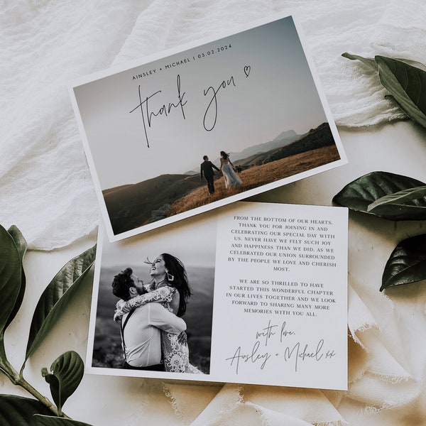 Minimalist Wedding Thank You Card with Photo, Printable Thank You Card, Modern Wedding Thank You, Instant Download, Folded & Flat Lay, V11