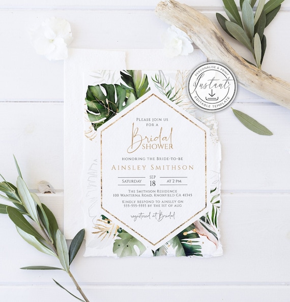 Tropical Bridal Shower Editable Invitation Template, Greenery Bridal Shower Invite, Printable, Instant Download, Botanical, Faux Gold, BD59