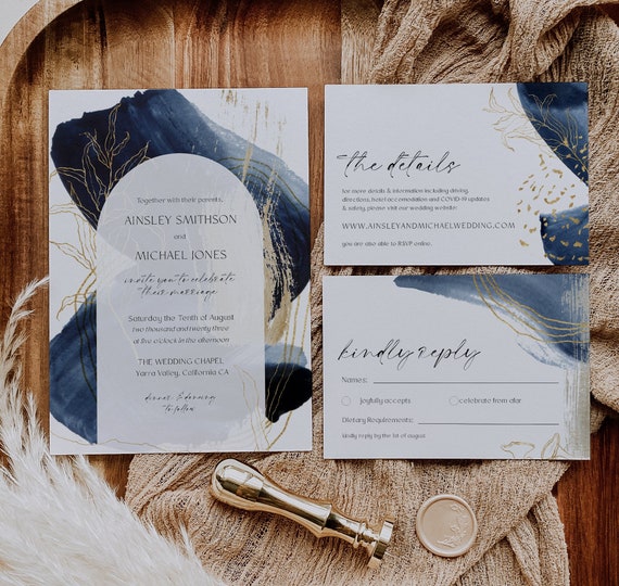 Navy & Gold Wedding Invitation Suite Navy Blue Watercolor - Etsy