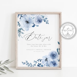 Dusty Blue Date Jar Sign Template, Blue Floral Bridal Shower Editable Sign, Rustic Bridal Shower, Printable Sign Instant Download- BD93