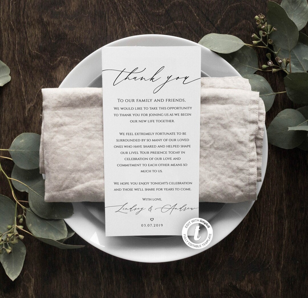 Wedding Thank You Note Template, Rustic, Wedding Place Setting Thank