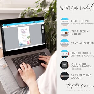 Puede incluir: Un ordenador port&aacute;til que muestra una invitaci&oacute;n de baby shower con un fondo de acuarela azul y rosa y el texto "Baby on Board". La invitaci&oacute;n se est&aacute; editando en una pantalla con opciones para personalizar el texto, la fuente, el tama&ntilde;o, el color, la alineaci&oacute;n, la altura de l&iacute;nea, el espaciado de letras, agregar im&aacute;genes y cambiar el color de fondo.