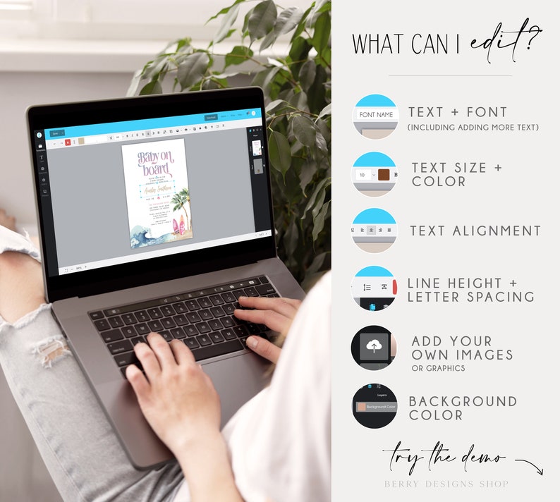 Puede incluir: Un ordenador port&aacute;til que muestra una invitaci&oacute;n de baby shower con un fondo de acuarela azul y rosa y el texto "Baby on Board". La invitaci&oacute;n se est&aacute; editando en una pantalla con opciones para personalizar el texto, la fuente, el tama&ntilde;o, el color, la alineaci&oacute;n, la altura de l&iacute;nea, el espaciado de letras, agregar im&aacute;genes y cambiar el color de fondo.