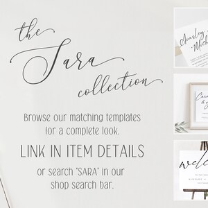May include: A white background with black text that reads "the Sara collection". Below the text is a description that reads "Browse our matching templates for a complete look. LINK IN ITEM DETAILS or search 'SARA' in our shop search bar."