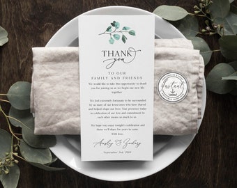 Wedding Thank You Note Template, Modern Rustic, Greenery Eucalyptus, Wedding Place Setting Thank You, Table Card, Instant Download, BD65