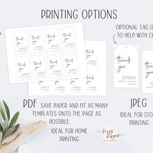 May include: Printable thank you tags with a handwritten font. The tags are designed for a wedding or special event. The text on the tags reads "Thank you" and includes space for the couple's names and wedding date. The image shows a PDF file with multiple tags on a page and a JPEG file with a single tag. The image also includes instructions for trimming the tags.