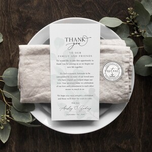 Plantilla de nota de agradecimiento para boda, rústica moderna, con eucalipto verde, para mesa de boda, descarga instantánea, BD65