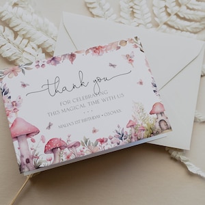 Plantilla editable de tarjeta de agradecimiento de hadas, tarjeta de agradecimiento para fiesta de cumpleaños de hadas, nota de agradecimiento de hadas encantadas, agradecimiento imprimible, BD189