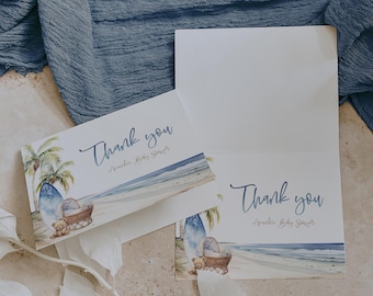 Ocean & Beach Thank You Folded + Flat Lay Card, Surf Beach Baby Shower Card, Summer Baby Shower Thank You, Printable Thank You Card, BD215