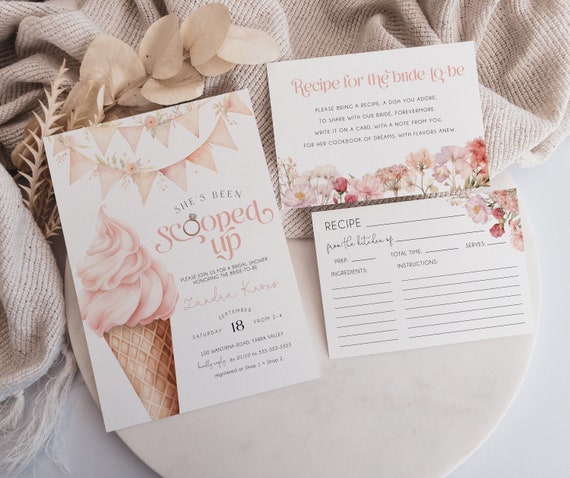 She's Been Scooped Up Bridal Shower Invitation Bundle, Pink Ice Cream Editable Invitation Suite, Summer Bridal Shower Printable Invite BD210