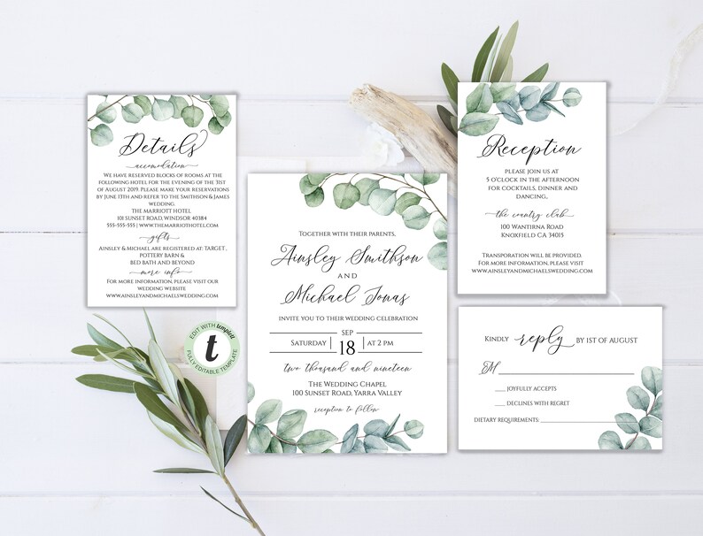Instant Download Floral Editable Greenery invite Eucalyptus Printable Invitation Bohemian Editable Wedding Invitation Suite BD34