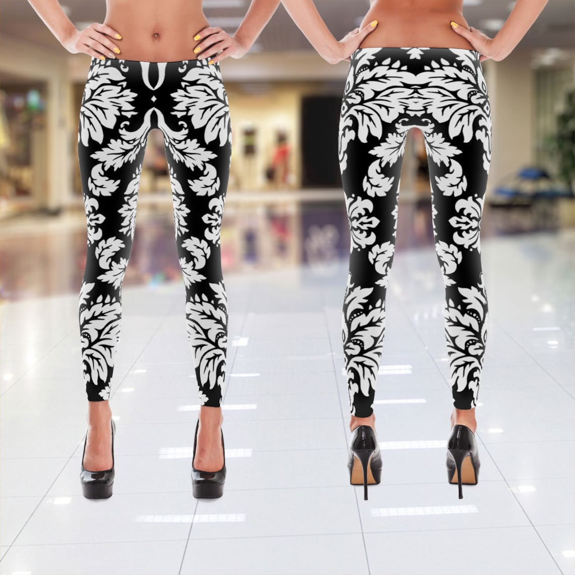 Womens Capris and Leggings Black and White Damask Legging Etsy