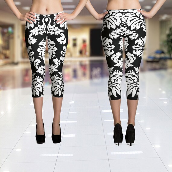 Womens Capris and Leggings Black and White Damask Legging Etsy