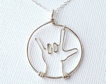 ASL Love Necklace, I Love You Sign Language Necklace, Wire Wrapped Hand Sign, Loved Hand Sign Necklace Pendant and Suede Cord