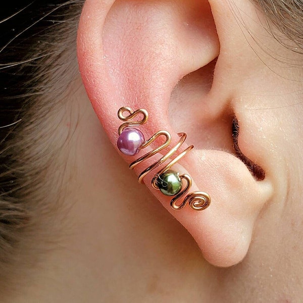 Teal Ear Cuff, Mint Green Ear Cuff, Pearly Zig-zag Ear Cuff, Wire Ear Wrap, Faux Earring, Gray Wire Jewelry