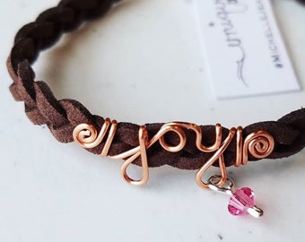 Custom Bracelet, Wire Word and Suede Bracelet, Personalized Bracelet, Braided Cord Word Bracelet, Joy Word Jewelry, Birthstone Bracelet