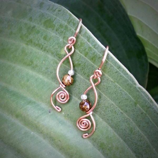 Dainty Copper Earrings, Small Beaded Earrings, Nickle Free Earrings, Copper and Brown Earrings, Wavy Swirly Wire Earrings, Wire Wrapped