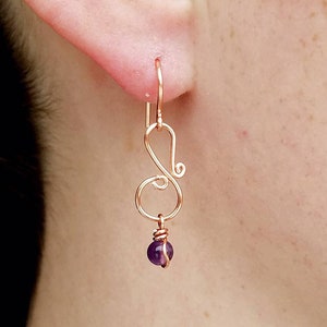 Elegant Copper Earrings with Purple Beads, Wire-Wrapped Dangly Earrings