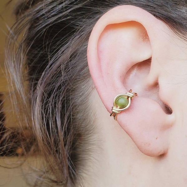 Green Bead Ear Cuff, Wire Wrapped Ear Cuff, Gold Wire Ear Wrap, Green Faux Earring, Copper Based Wire Ear Cuff, Double Wrapped Ear Cuff
