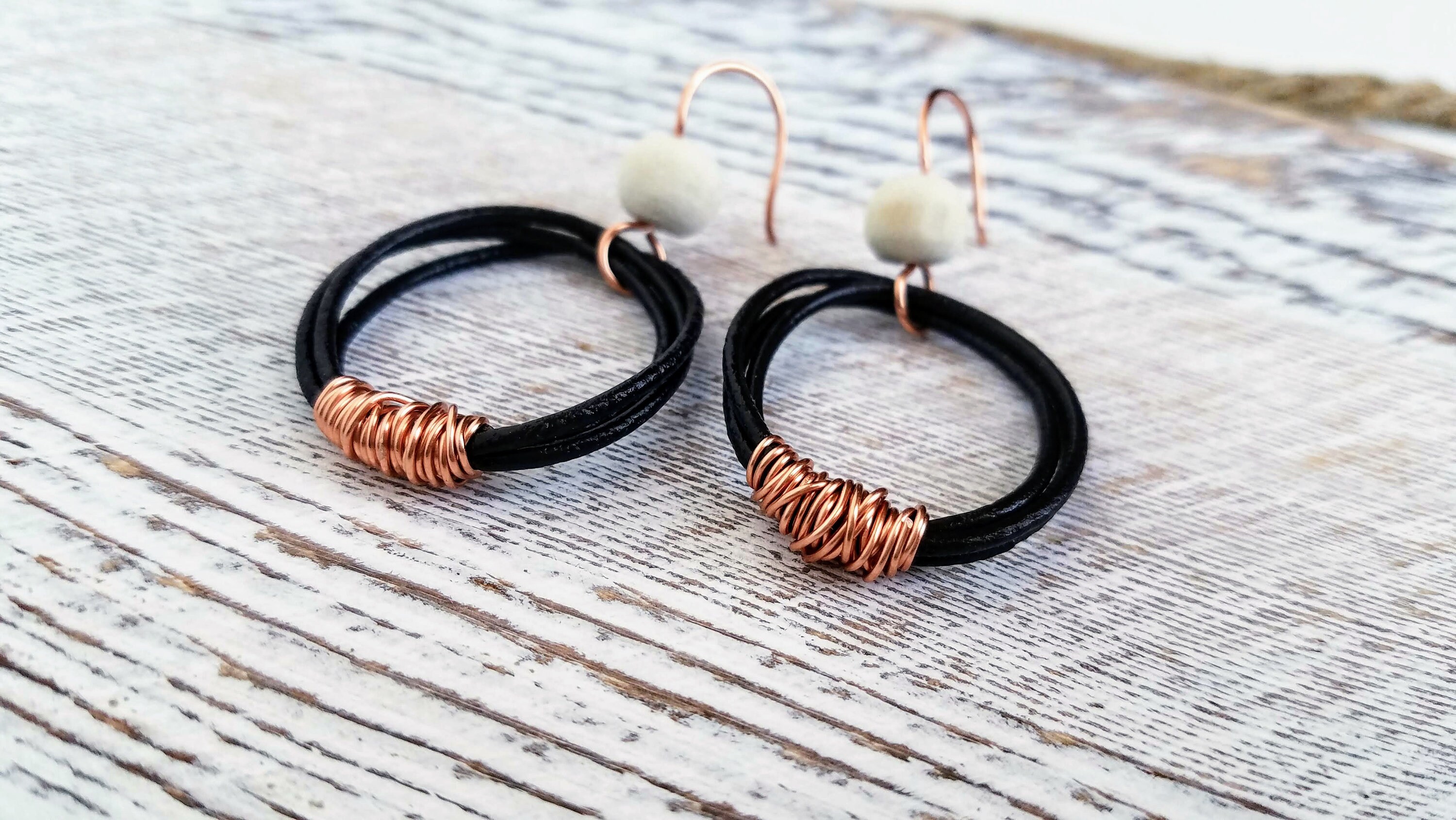 Leather Cord Hoop Earrings Wire Wrapped Leather Earrings Etsy