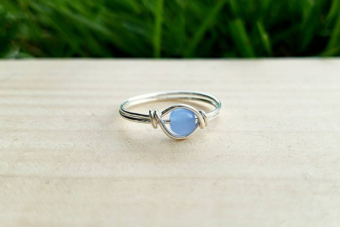 Blue Bead Accent Ring, Sky Blue Glass Bead, Silver Wire Ring, Fixed ...