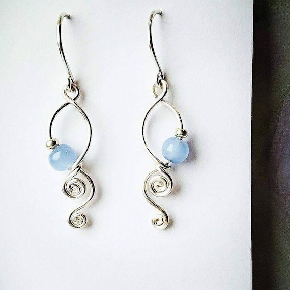 Dainty Blue Silver Earrings, Swirly Formal Earrings, Bridesmaid