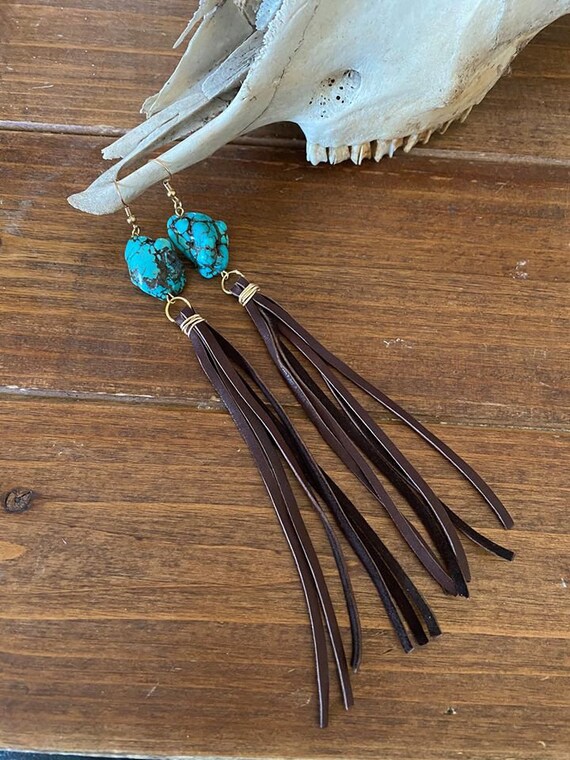V ear wires summer fashion, supple soft leather earrings lightweight Turquoise Crescent Moon Leather Fringe Earrings