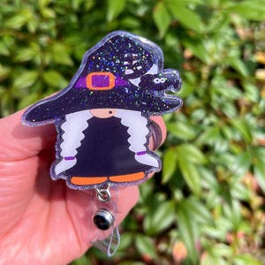 Gnome Witch Retractable Badge Reel: Halloween gnome ID holder, Fun badge reel.
