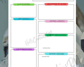 Medication template for nursing school students, Printable Medication Sheet, Nursing Student Medication template, Editable Template.