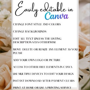 May include: A white text graphic on a white background with the text "Easily editable in Canva". The text below lists features of the Canva platform, including changing font styles and colors, backgrounds, and text, as well as adding logos and pictures. The text also mentions that users can access free elements, edit on multiple devices, and download instantly after payment.