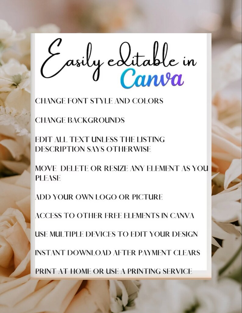 May include: A white text graphic on a white background with the text "Easily editable in Canva". The text below lists features of the Canva platform, including changing font styles and colors, backgrounds, and text, as well as adding logos and pictures. The text also mentions that users can access free elements, edit on multiple devices, and download instantly after payment.