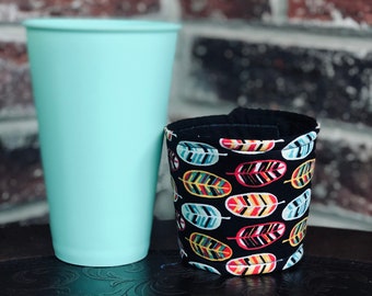 Watercolor feather fabric cup sleeve 16oz-18oz.eco friendly cozy.