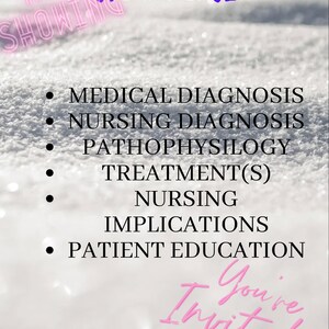 May include: A white background with pink text that reads "NOW SHOWING SECTIONS INCLUDED:" and a list of medical topics: Medical Diagnosis, Nursing Diagnosis, Pathophysiology, Treatment(s), Nursing Implications, and Patient Education. The text "You're Invited!" is written in pink cursive at the bottom of the image.