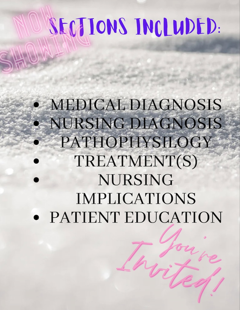 May include: A white background with pink text that reads "NOW SHOWING SECTIONS INCLUDED:" and a list of medical topics: Medical Diagnosis, Nursing Diagnosis, Pathophysiology, Treatment(s), Nursing Implications, and Patient Education. The text "You're Invited!" is written in pink cursive at the bottom of the image.
