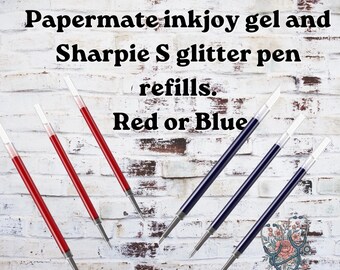 May include: Six pen ink refills for Papermate Inkjoy gel and Sharpie S-Gel pens, featuring three red ink refills and three blue ink refills. The text reads: Papermate inkjoy gel and Sharpie S glitter pen refills. Red or Blue. Halls Creations RN.