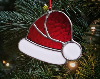 Santa Hat Ornament | Handmade Stained Glass Christmas Tree Decoration