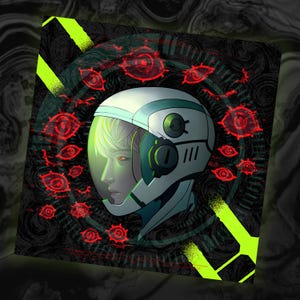 May include: Digital art print featuring a futuristic astronaut helmet with a green visor and accents. The artwork includes a person's profile, surrounded by red, glowing eye symbols against a dark, swirling background with neon green accents.