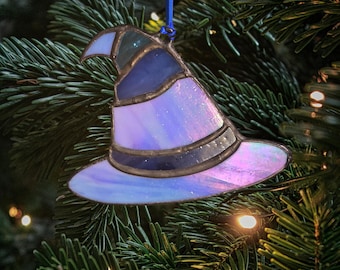Blue Mage Hat Ornament | Handmade Stained Glass Halloween Christmas Tree Decoration