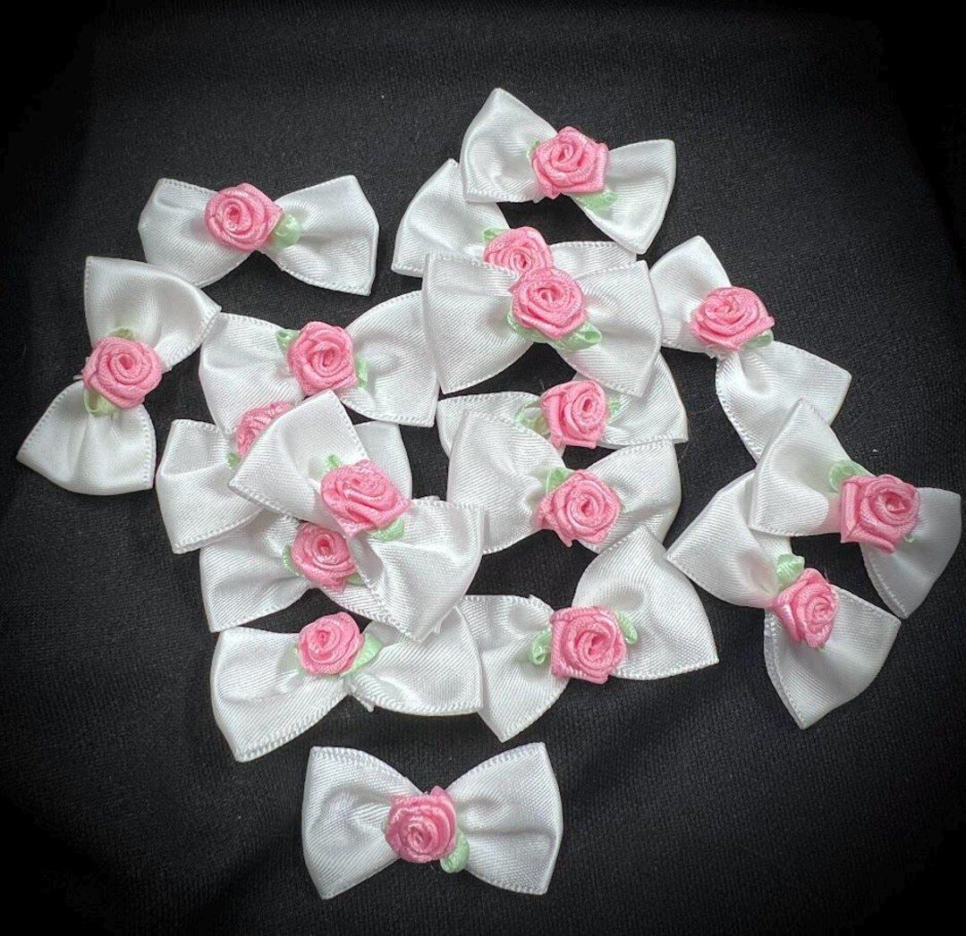1 Inch Shabby Chic, White Satin, Pink Rose, Designer Bows, Single Loop ...