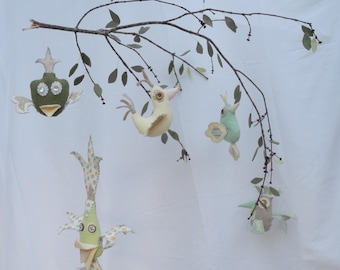 Gender Neutral Baby Mobile, Pastels Birds with Green and Yellow, Nature Theme Nursery Decor, Unique Handmade Nursery Decor