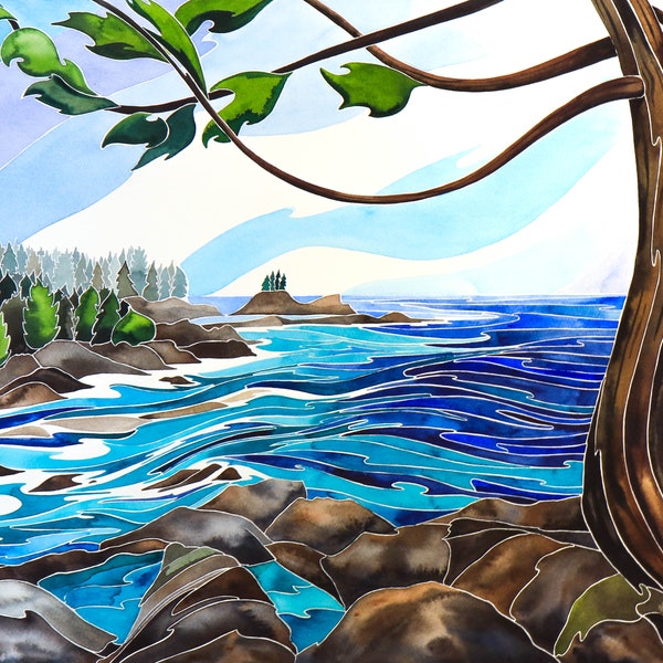 Windswept West Coast Tree and Ocean Giclee Print- Watercolour Summer Sea Coastal Wall Art- Vancouver Island Landscape- British Columbia