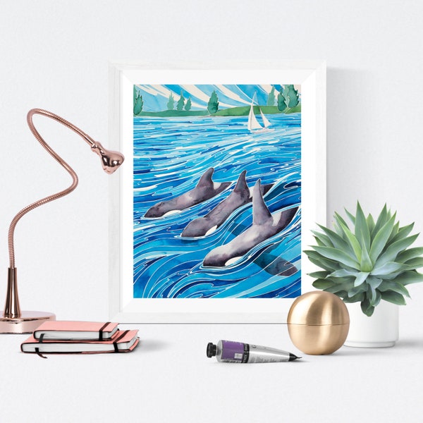 Orca giclee art print- whale pod watercolor print- Pacific North West J pod- Vancouver Island- coastal theme wall art- sea and mountains